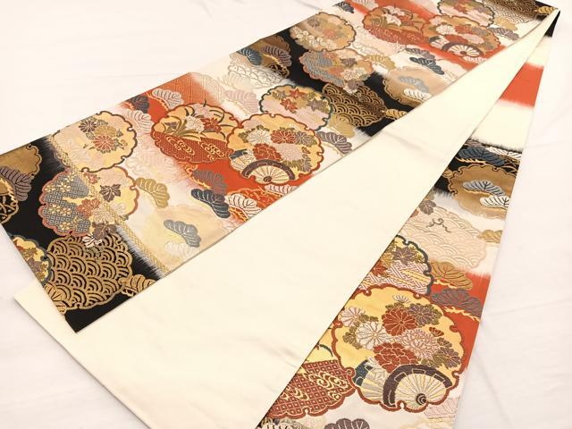 平和屋着物◎六通柄袋帯 唐織 雪輪花車 黒地 金糸 正絹 逸品 BAAX0741hv