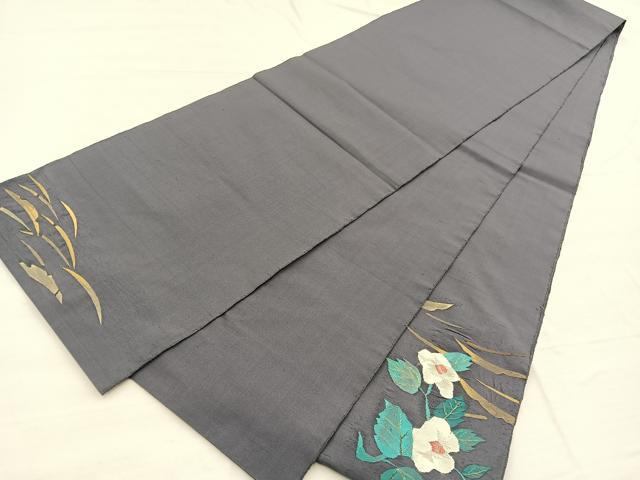 平和屋着物●太鼓柄袋帯 すくい織 椿芝草文 金糸 正絹 逸品 BAAX0743hv