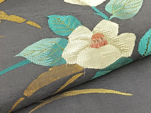 平和屋着物●太鼓柄袋帯 すくい織 椿芝草文 金糸 正絹 逸品 BAAX0743hv