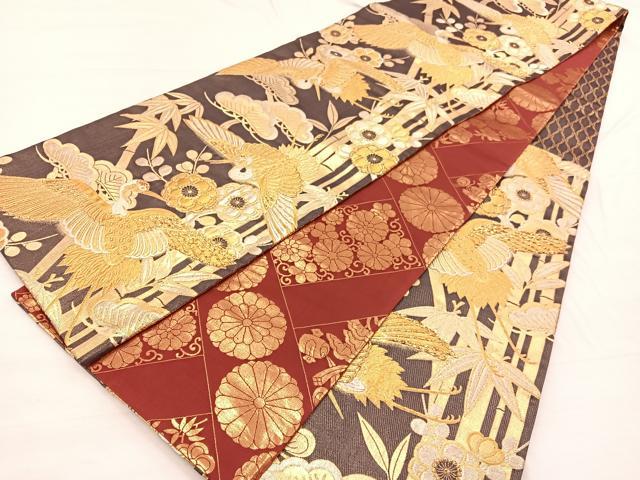 平和屋着物◎両面 六通柄袋帯 唐織 飛鶴松竹梅 金銀糸 正絹 逸品 BAAX0750hv