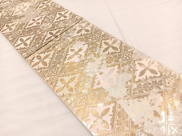 平和屋着物◎西陣 服部織物謹製 六通柄袋帯 こはく錦 花菱文 銀糸 正絹 逸品 BAAX0755hv