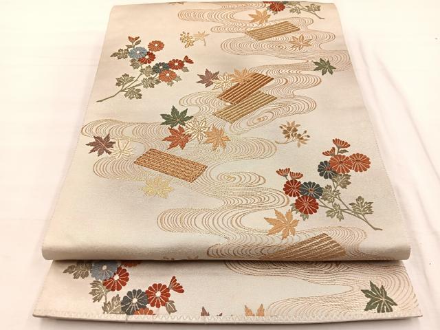 平和屋着物◎六通柄袋帯 唐織 竜田川筏花文 金糸 正絹 逸品 BAAX0794hv