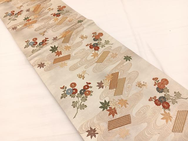 平和屋着物◎六通柄袋帯 唐織 竜田川筏花文 金糸 正絹 逸品 BAAX0794hv