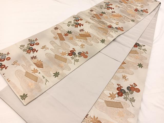 平和屋着物◎六通柄袋帯 唐織 竜田川筏花文 金糸 正絹 逸品 BAAX0794hv