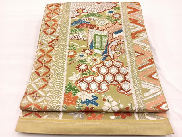 平和屋着物◎六通柄京袋 本袋帯 唐織 御所車花文 銀糸 正絹 逸品 BAAX0798hv
