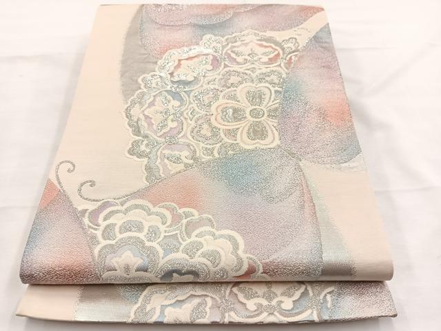 平和屋着物◎六通柄袋帯 宝相華舞蝶文 銀糸 正絹 逸品 BAAX0807hv