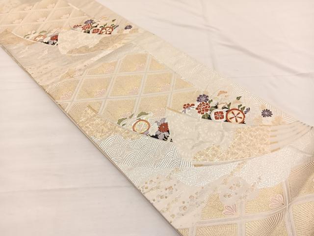 平和屋着物◎六通柄袋帯 唐織 飛鶴扇面花文 金銀糸 正絹 逸品 BAAX0816hv