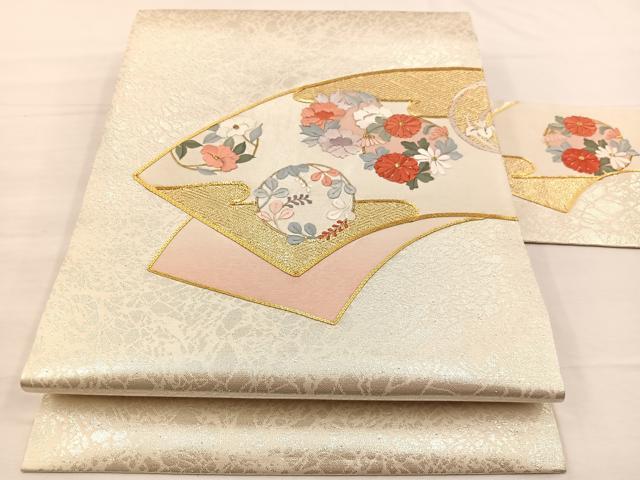 平和屋着物◎九寸名古屋帯 駒刺繍 地紙花文 金糸 正絹 逸品 BAAX0835hv