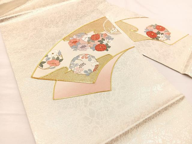 平和屋着物◎九寸名古屋帯 駒刺繍 地紙花文 金糸 正絹 逸品 BAAX0835hv