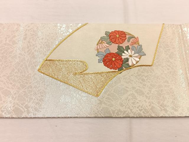 平和屋着物◎九寸名古屋帯 駒刺繍 地紙花文 金糸 正絹 逸品 BAAX0835hv