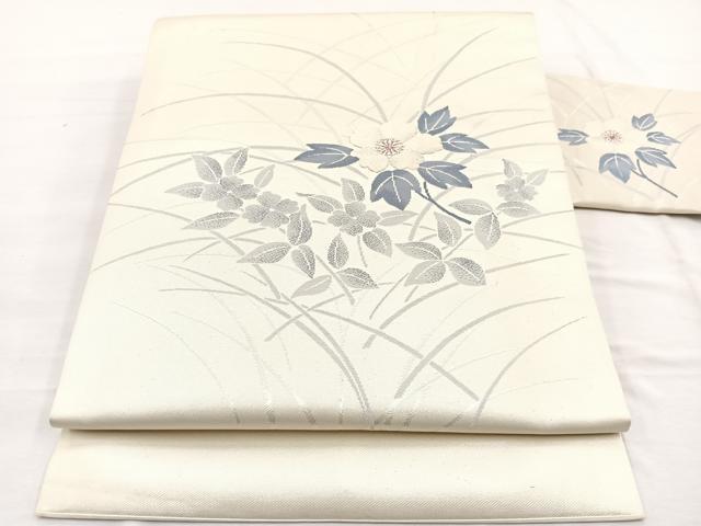 平和屋着物◎九寸名古屋帯 唐織 枝花文 銀糸 正絹 逸品 BAAX0891hv