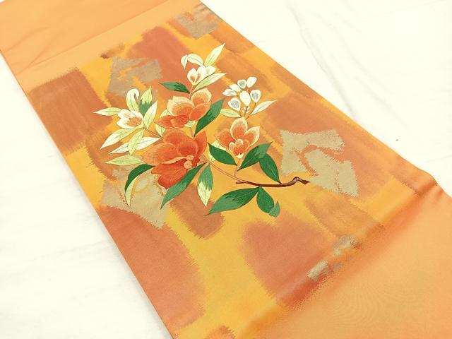 平和屋着物◎九寸開き名古屋帯 刺繍 枝花文 金糸 正絹 逸品 未使用 BAAX0906hv