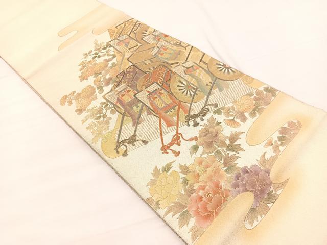 平和屋着物◎太鼓柄袋帯 綴れ 御所車花文 金彩 正絹 逸品 BAAX0915hv