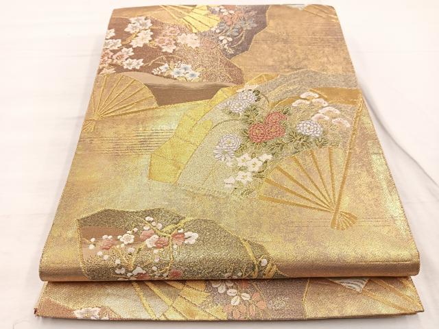 平和屋着物◎佐賀錦 六通柄袋帯 扇面花文 金糸 正絹 逸品 BAAX0922hv