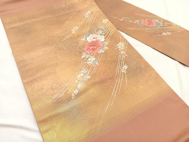 平和屋着物◎九寸名古屋帯 刺繍 草花文 金銀彩 正絹 逸品 BAAX0951hv