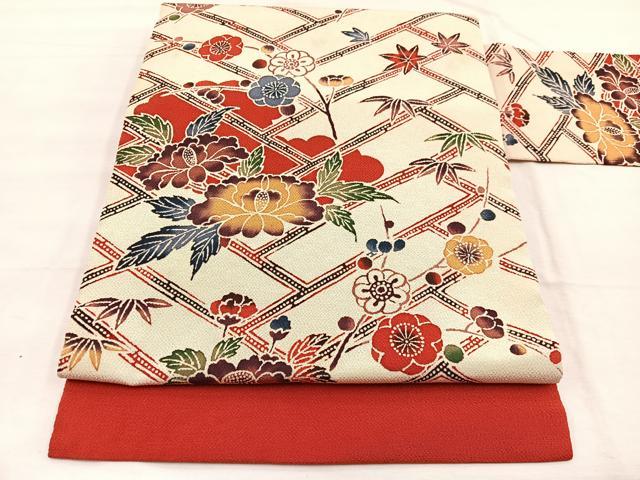 平和屋着物◎九寸名古屋帯 型染め 檜垣花文 鬼しぼ縮緬 正絹 逸品 BAAX0960hv