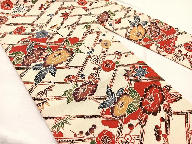 平和屋着物◎九寸名古屋帯 型染め 檜垣花文 鬼しぼ縮緬 正絹 逸品 BAAX0960hv
