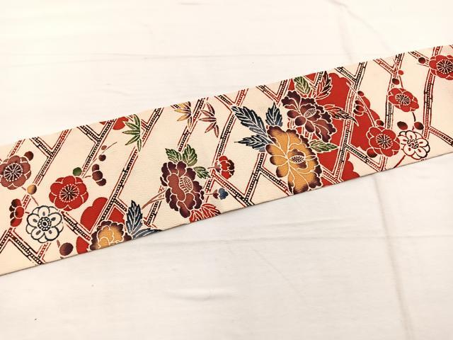 平和屋着物◎九寸名古屋帯 型染め 檜垣花文 鬼しぼ縮緬 正絹 逸品 BAAX0960hv