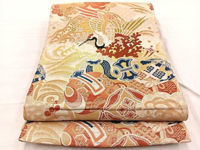 平和屋着物◎アンティーク 大正ロマン 丸帯 唐織 立波宝尽くし 金糸 正絹 逸品 BAAX0995hv