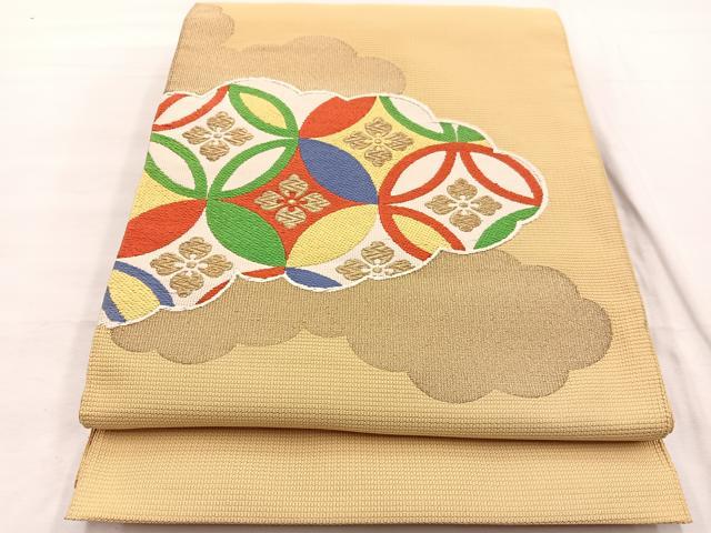 平和屋着物◎八寸名古屋帯 唐織 雲取り七宝文 金糸 正絹 逸品 未使用 BAAX0998hv