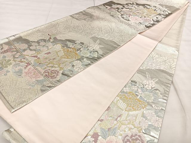 平和屋着物◎本佐賀錦 六通柄袋帯 御所車花鳥文 金銀糸 正絹 逸品 BAAX1017qw