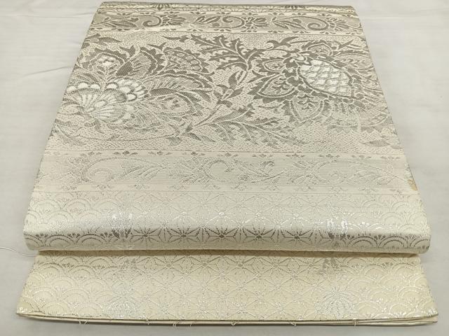 平和屋着物◎西陣 六通柄袋帯 更紗花文 銀糸 正絹 逸品 BAAX1026qw
