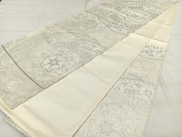 平和屋着物◎六通柄袋帯 唐織 扇面花文 銀糸 正絹 逸品 BAAX1037qw