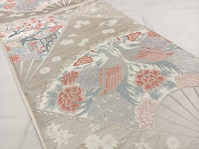 平和屋着物◎六通柄袋帯 唐織 扇面孔雀文 銀糸 正絹 逸品 BAAX1046qw