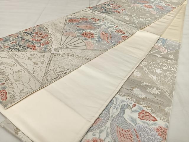 平和屋着物◎六通柄袋帯 唐織 扇面孔雀文 銀糸 正絹 逸品 BAAX1046qw