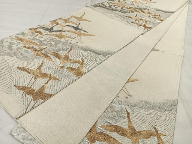 平和屋着物◎六通柄袋帯 明綴 流水飛鶴文 プラチナ箔 正絹 逸品 BAAX1129qw