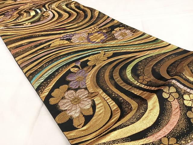 平和屋着物◎六通柄袋帯 流水花文 黒地 金糸 正絹 逸品 BAAX1130qw