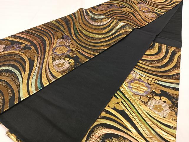 平和屋着物◎六通柄袋帯 流水花文 黒地 金糸 正絹 逸品 BAAX1130qw