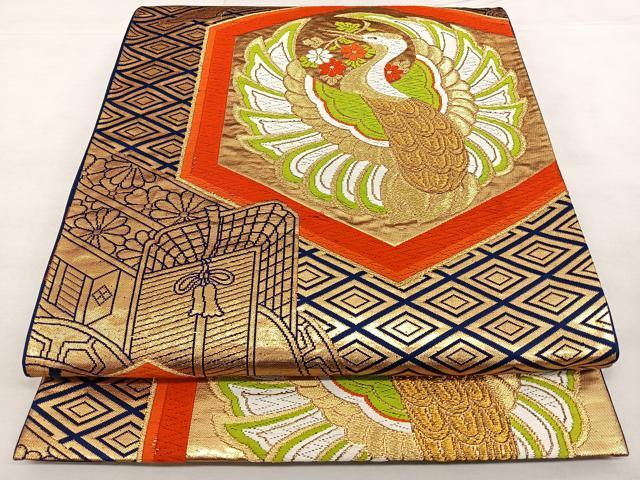 平和屋着物◎六通柄袋帯 唐織 亀甲花鳥文 金糸 正絹 逸品 BAAX1148qw
