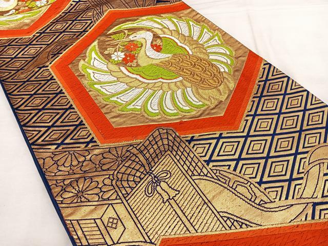 平和屋着物◎六通柄袋帯 唐織 亀甲花鳥文 金糸 正絹 逸品 BAAX1148qw