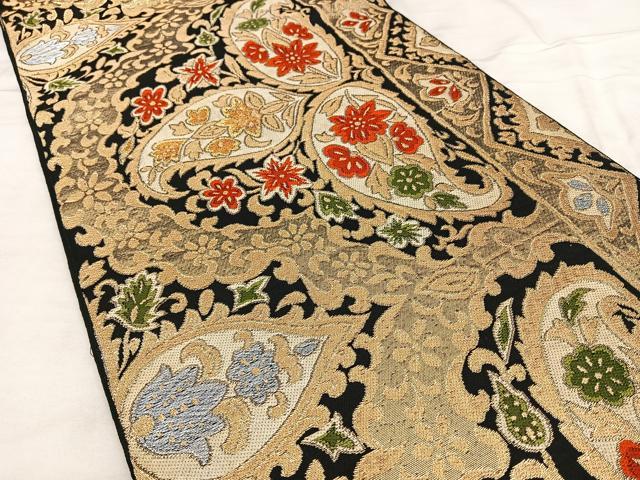 平和屋着物◎六通柄 本袋帯 唐織 花唐草文 黒地 金糸 正絹 逸品 BAAX1164qw
