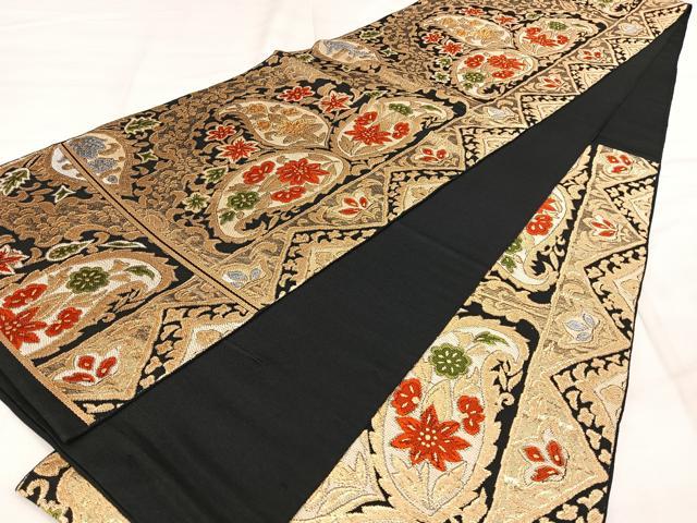 平和屋着物◎六通柄 本袋帯 唐織 花唐草文 黒地 金糸 正絹 逸品 BAAX1164qw