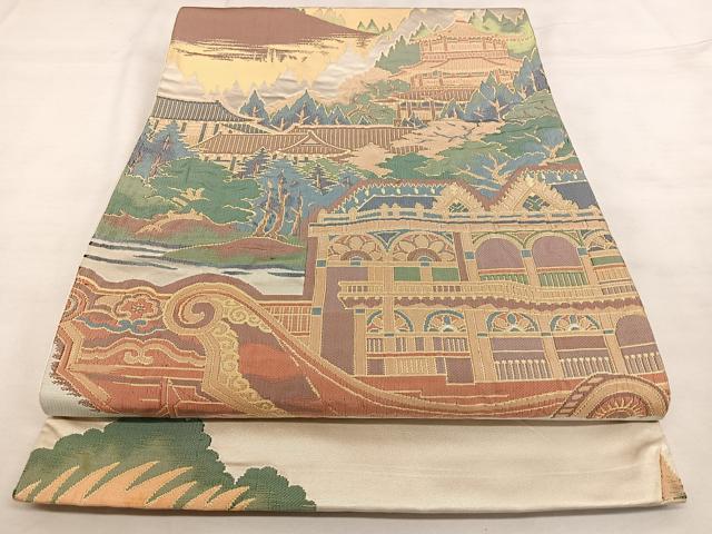 平和屋着物◎六通柄袋帯 風景文 金糸 正絹 逸品 BAAX1189qw
