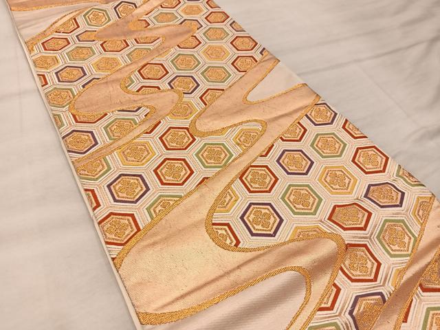 平和屋着物◎六通柄袋帯 流水亀甲花文 金糸 正絹 逸品 BAAX1213mz