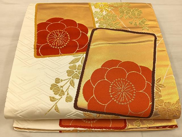 平和屋着物◎両面 六通柄袋帯 色紙枝花文 金糸 正絹 逸品 BAAX1214mz
