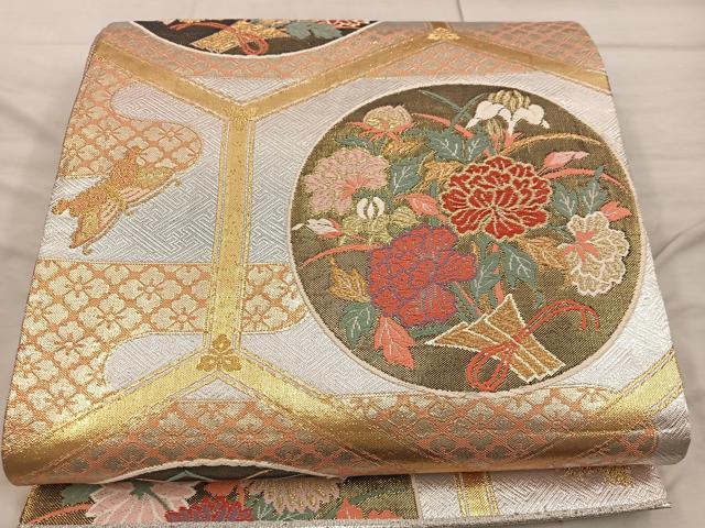 平和屋着物◎西陣 野々村織物謹製 佐賀錦 六通柄袋帯 唐織 舞蝶花丸文 金糸 正絹 逸品 BAAX1224mz