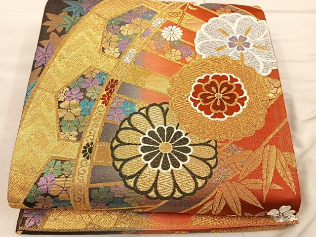 平和屋着物◎六通柄袋帯 菊花文 金銀糸 正絹 逸品 BAAX1225mz