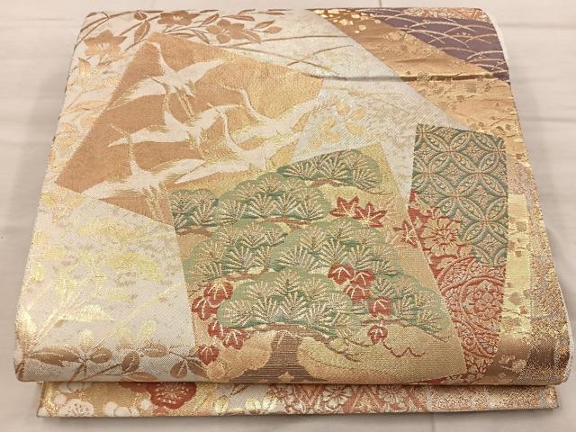 平和屋着物◎佐賀錦 六通柄袋帯 地紙重ね飛鶴花文 金糸 正絹 逸品 BAAX1230mz