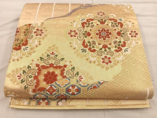 平和屋着物◎六通柄袋帯 花鳥文 金糸 正絹 逸品 BAAX1233mz