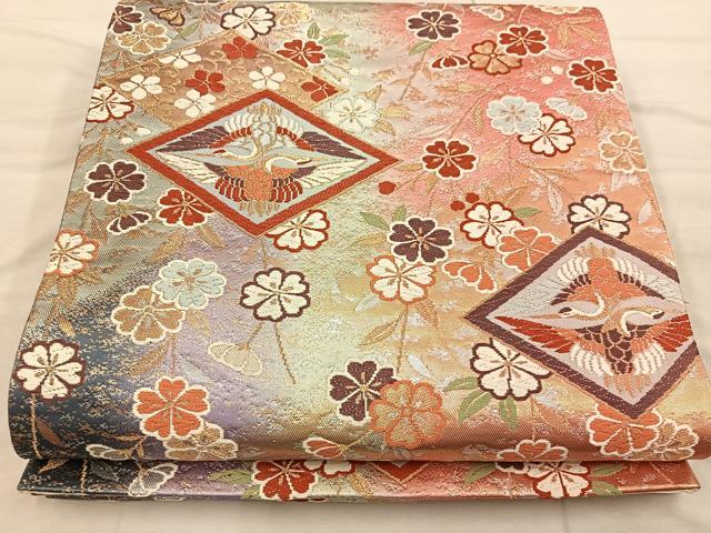平和屋着物◎六通柄袋帯 唐織 双鶴花文 金糸 正絹 逸品 BAAX1274mz