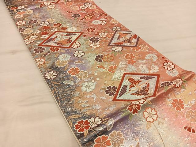 平和屋着物◎六通柄袋帯 唐織 双鶴花文 金糸 正絹 逸品 BAAX1274mz