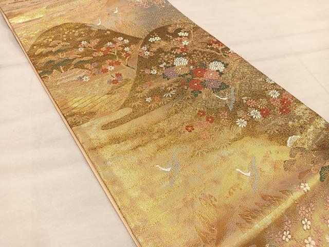 平和屋着物◎六通柄袋帯 飛鶴遠山花文 金糸 正絹 逸品 BAAX1277mz