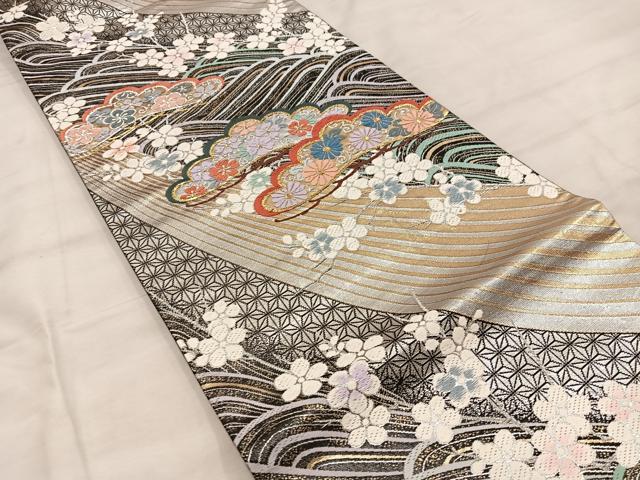 平和屋着物◎六通柄袋帯 唐織 菊花文 黒地 金銀糸 正絹 逸品 BAAX1298mz