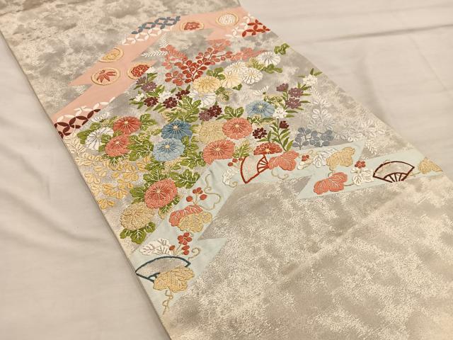 平和屋着物◎六通柄袋帯 唐織 菊花文 金糸 正絹 逸品 BAAX1309mz