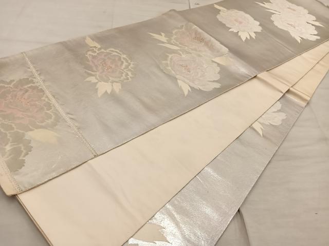 平和屋着物◎西陣 服部織物謹製 六通柄袋帯 こはく錦 手工芸 牡丹 金銀糸 正絹 逸品 BAAX1330mz