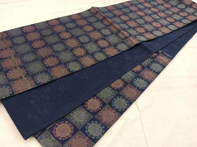 平和屋着物◎六通柄袋帯 市松花文 正絹 逸品 BAAX1347mz
